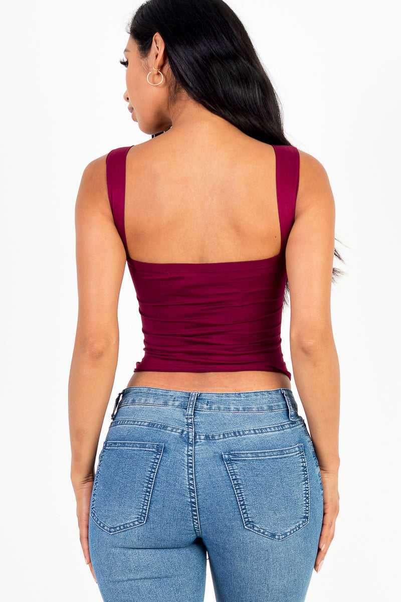 Square Neck Ruched Front Crop Top with String and Square Neck - Capella Apparel Wholesale