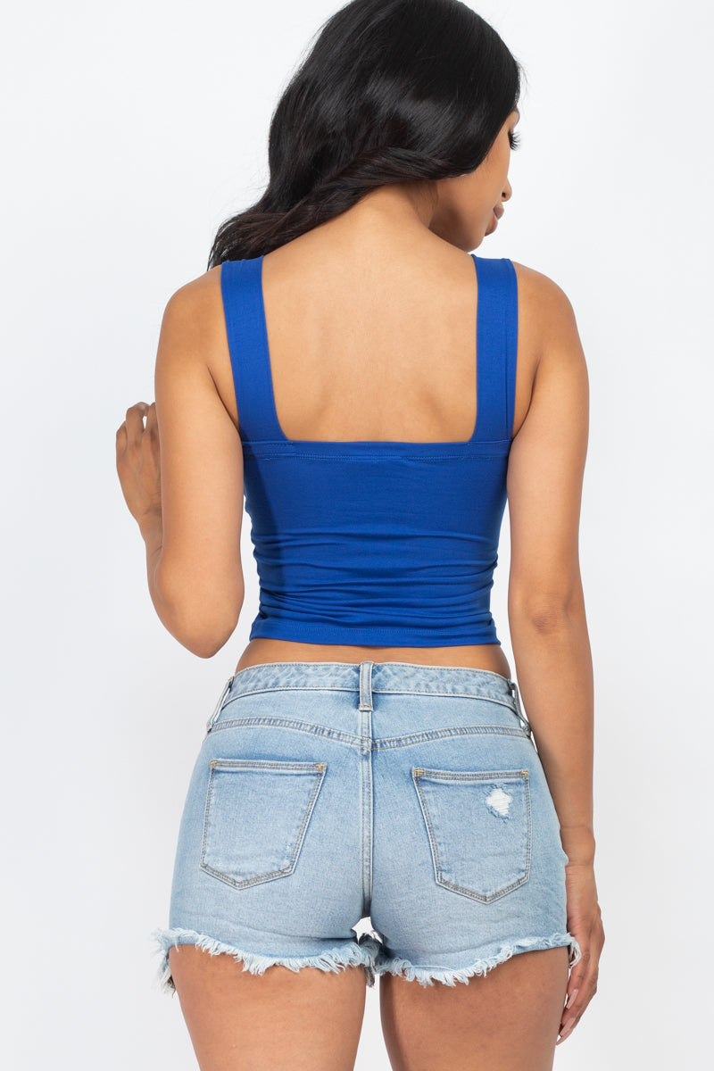 Square Neck Ruched Front Crop Top with String and Square Neck - Capella Apparel Wholesale