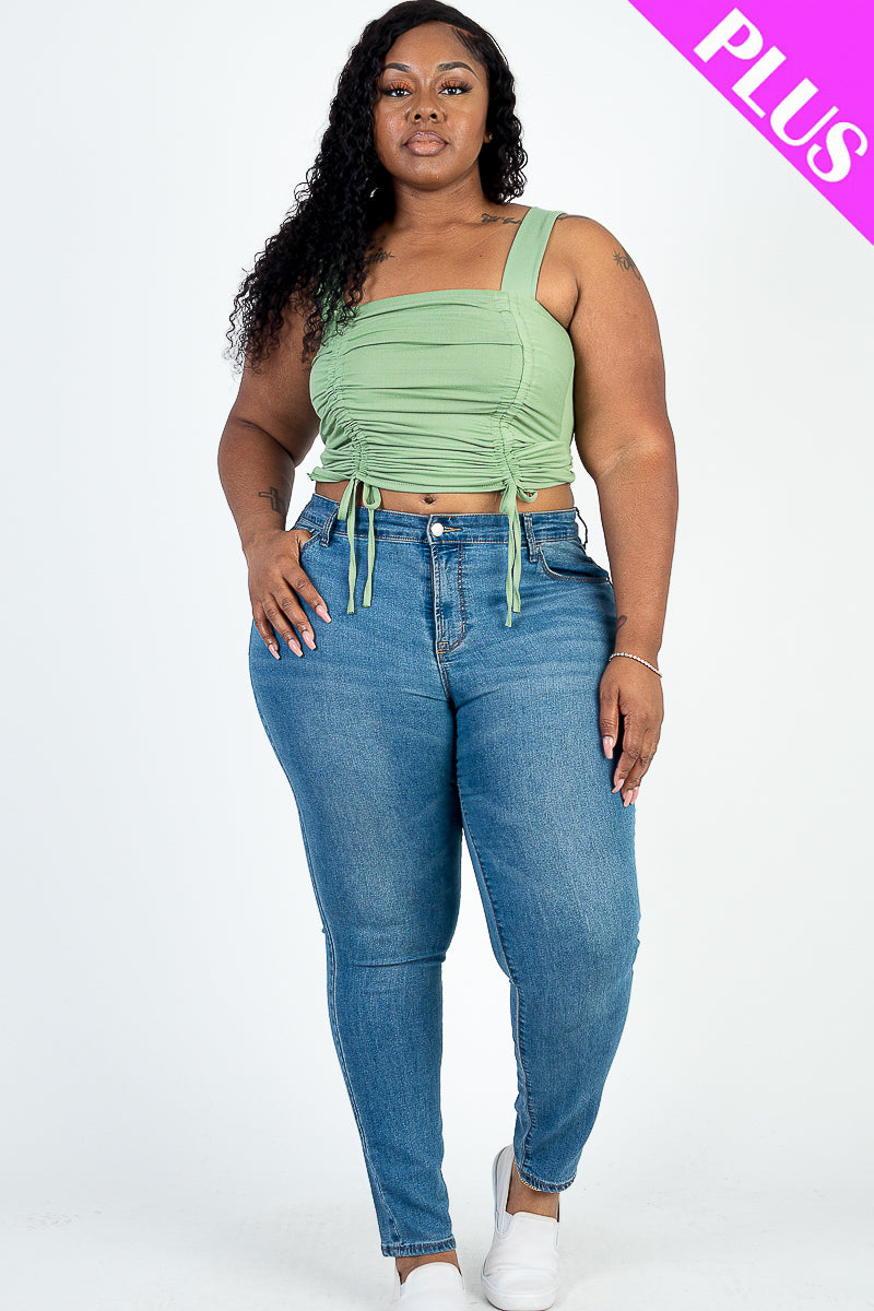 Plus Size Front Ruched With String Square Neck Crop Top - Capella Apparel