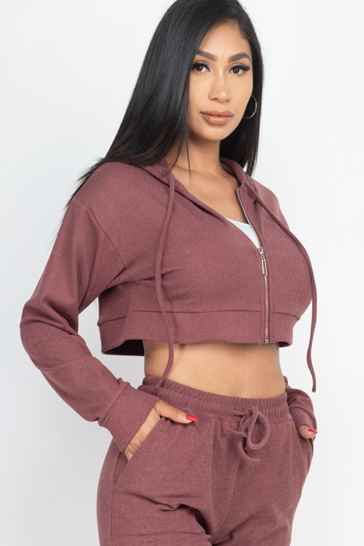 [$4/piece] Two Tone Rib Zip-up Cropped Hoodie