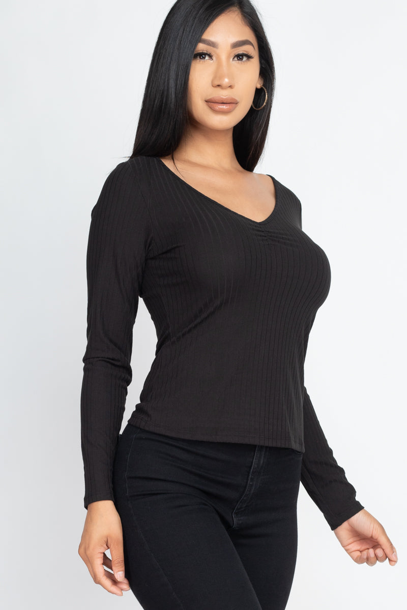 Ribbed Long Sleeve Top with Ruched Chest Detail - Capella Apparel Wholesale