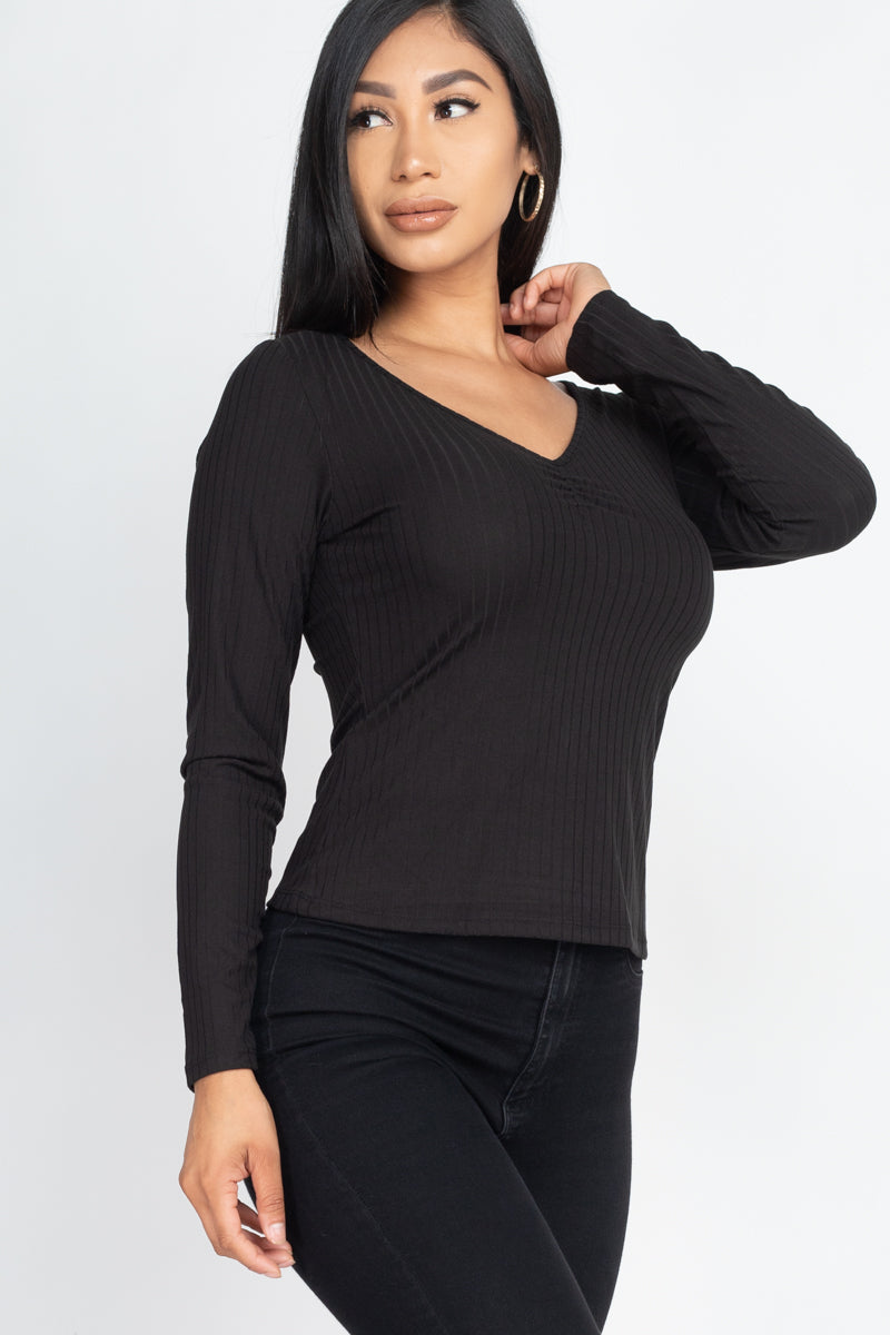 Ribbed Long Sleeve Top with Ruched Chest Detail - Capella Apparel Wholesale