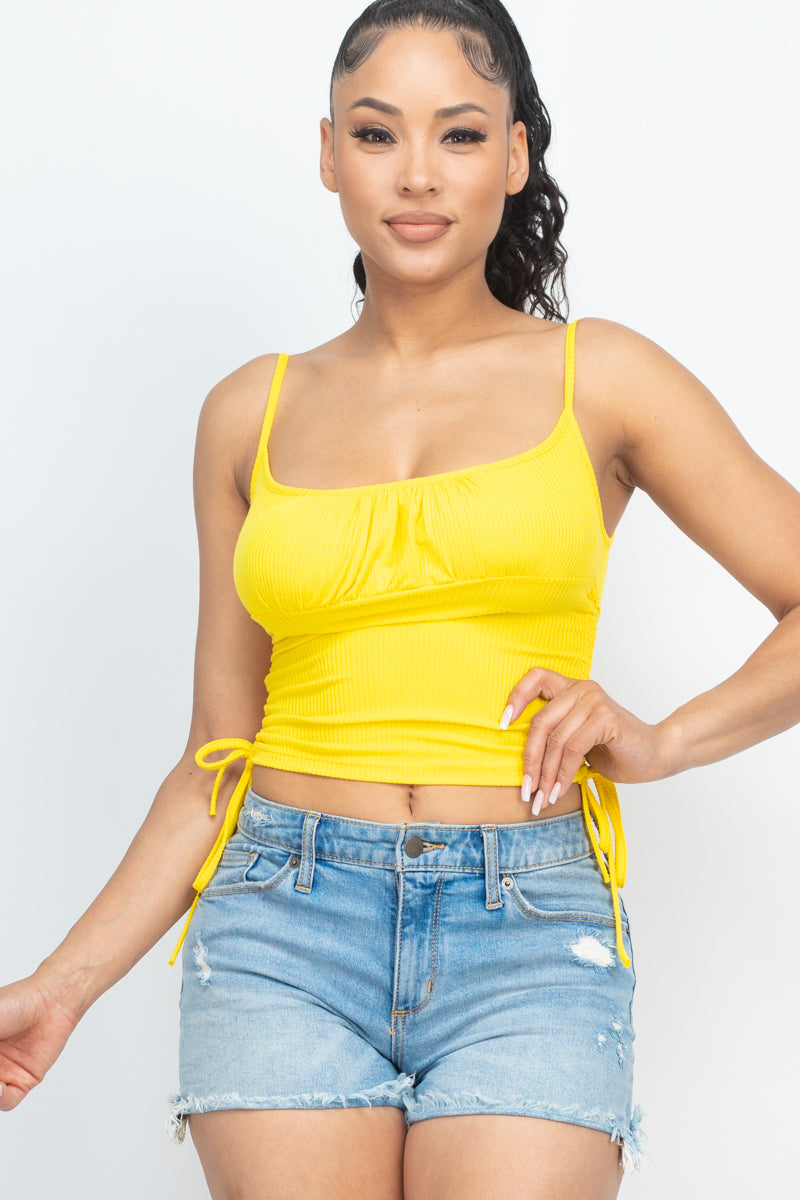 Ribbed Front Ruched and Adjustable Side String Top - Capella Apparel Wholesale
