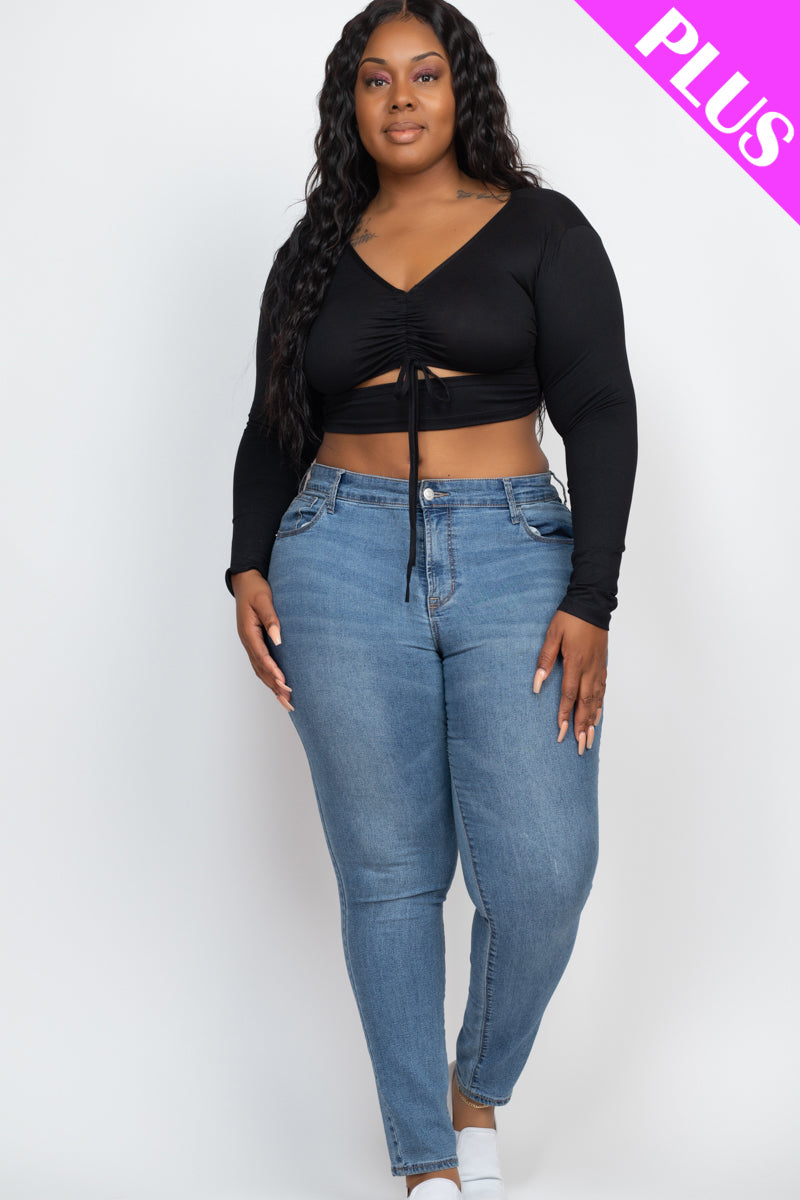 Plus Drawstring Ruched Cutout Front Crop Top - Capella Apparel Wholesale