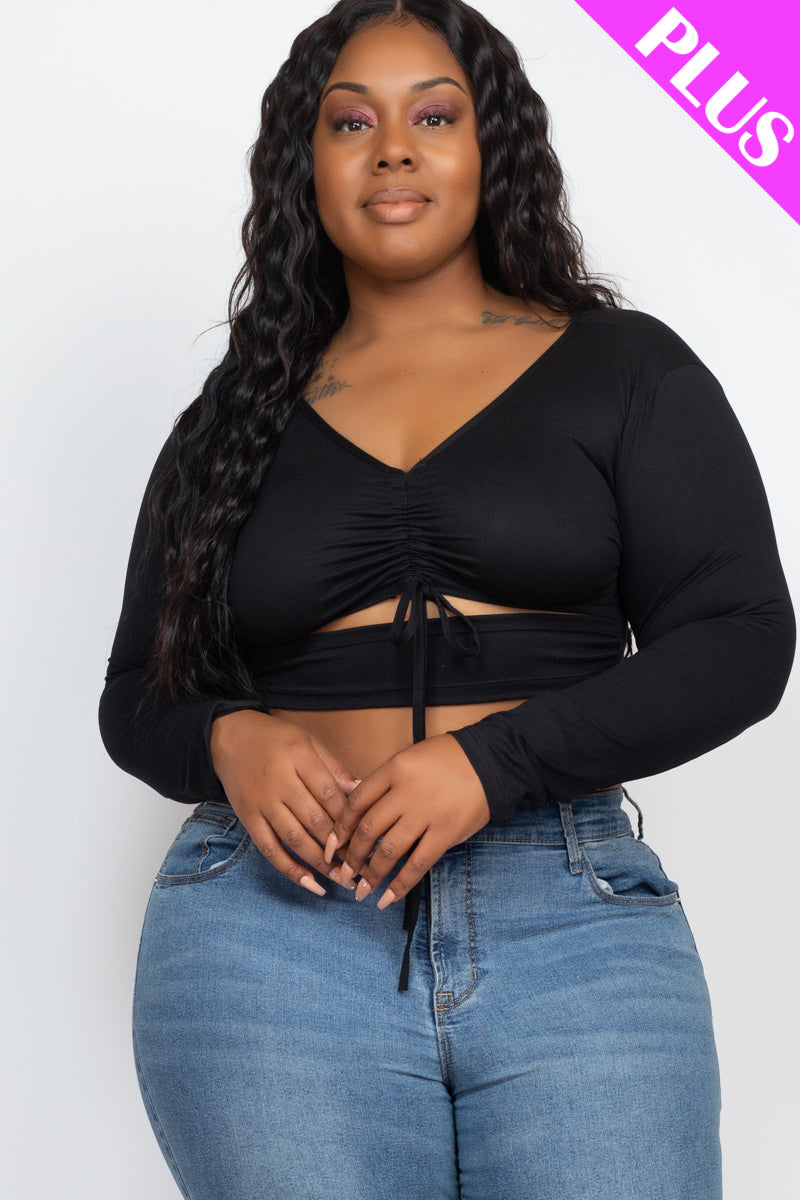 Plus Drawstring Ruched Cutout Front Crop Top - Capella Apparel Wholesale