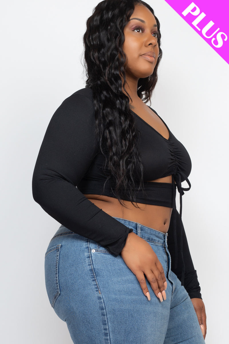 Plus Drawstring Ruched Cutout Front Crop Top - Capella Apparel Wholesale