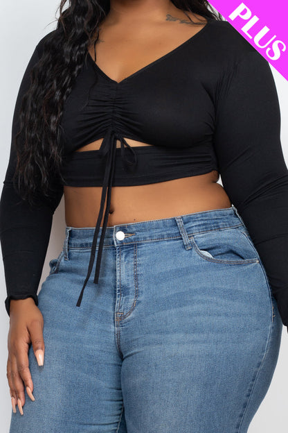 Plus Drawstring Ruched Cutout Front Crop Top - Capella Apparel Wholesale