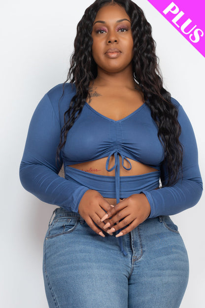 Plus Drawstring Ruched Cutout Front Crop Top - Capella Apparel Wholesale