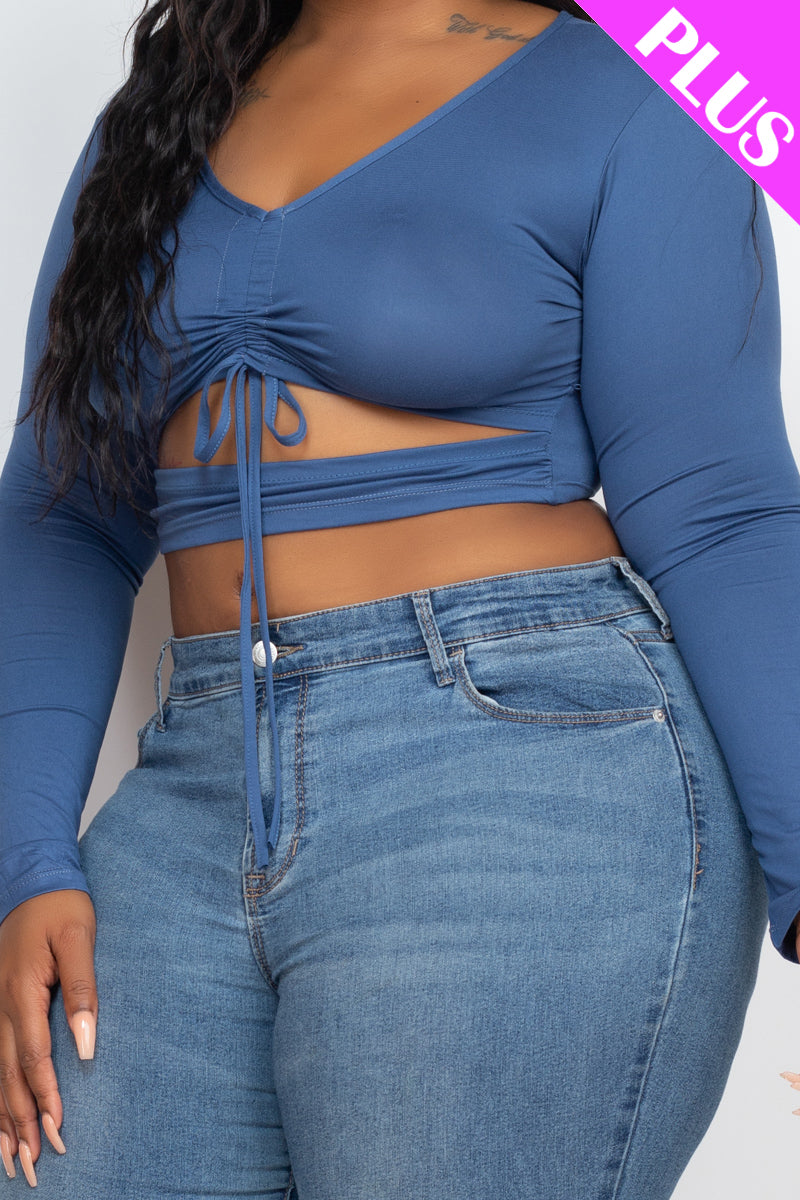 Plus Drawstring Ruched Cutout Front Crop Top - Capella Apparel Wholesale