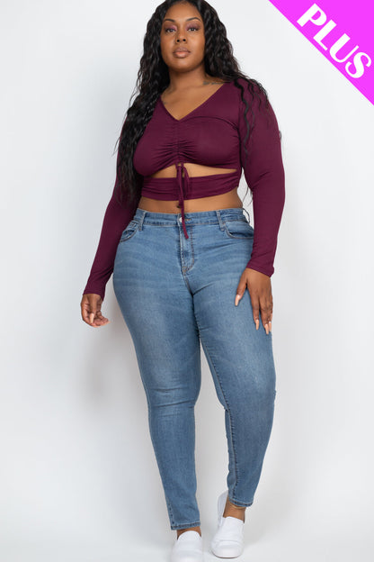 Plus Drawstring Ruched Cutout Front Crop Top - Capella Apparel Wholesale