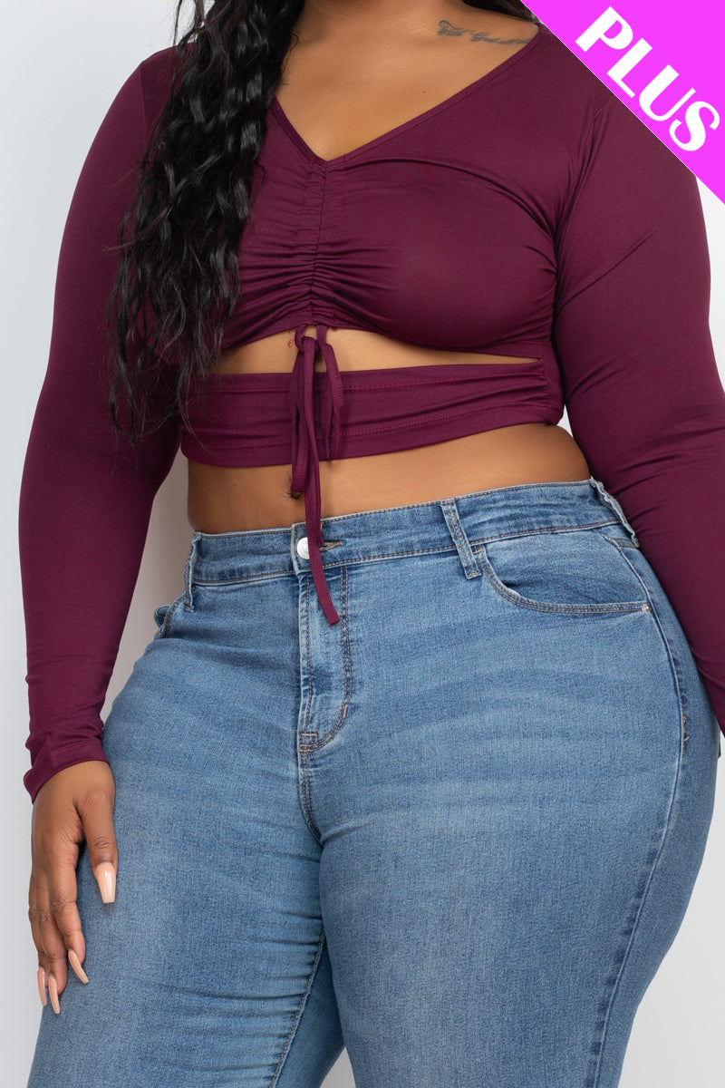 Plus Drawstring Ruched Cutout Front Crop Top - Capella Apparel Wholesale