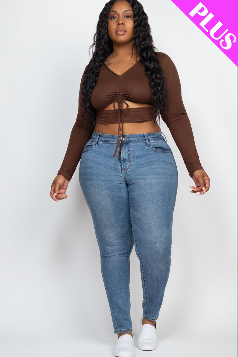 Plus Drawstring Ruched Cutout Front Crop Top - Capella Apparel Wholesale