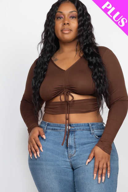 Plus Drawstring Ruched Cutout Front Crop Top - Capella Apparel Wholesale