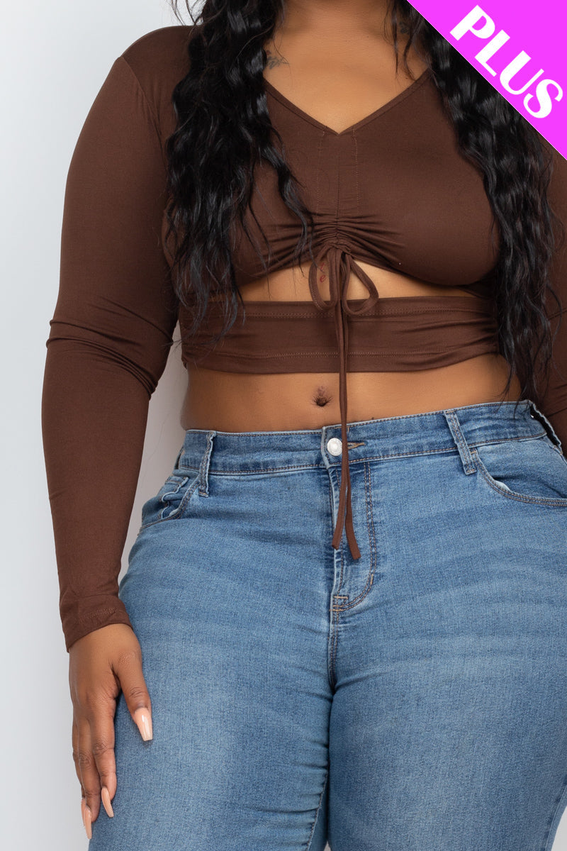 Plus Drawstring Ruched Cutout Front Crop Top - Capella Apparel Wholesale