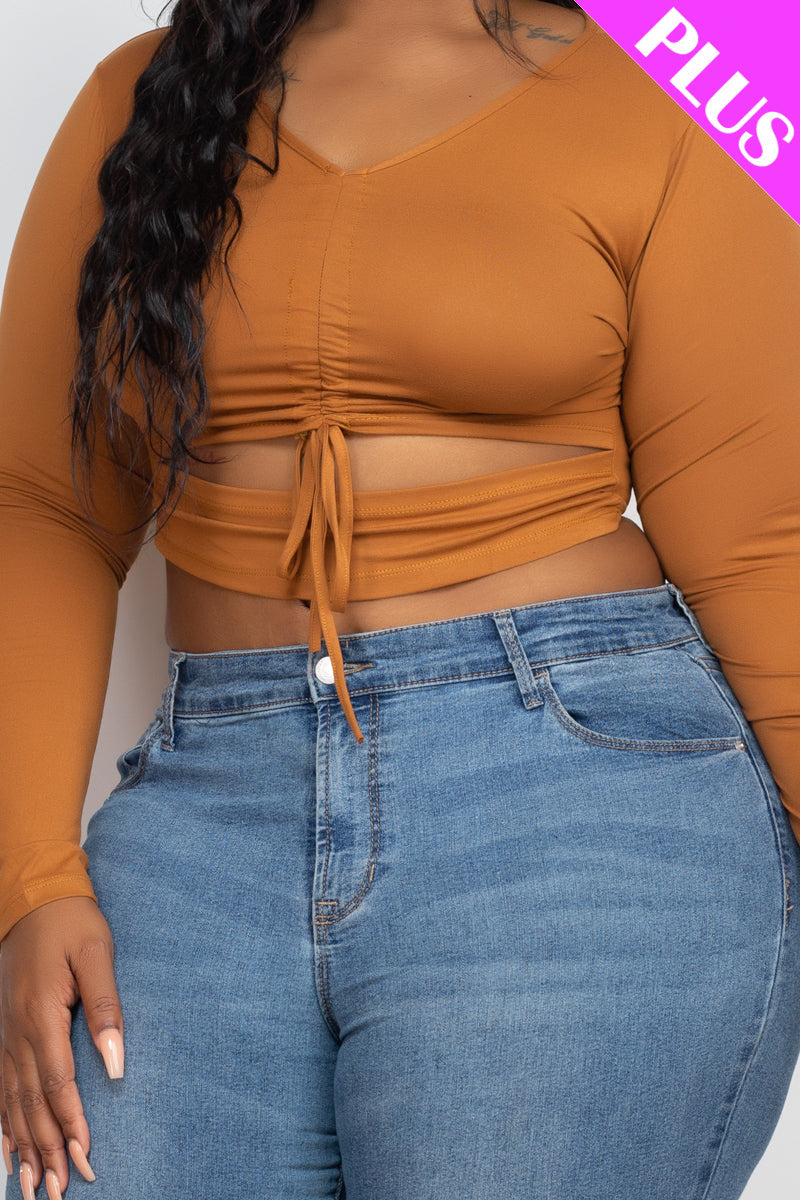 Plus Drawstring Ruched Cutout Front Crop Top - Capella Apparel Wholesale