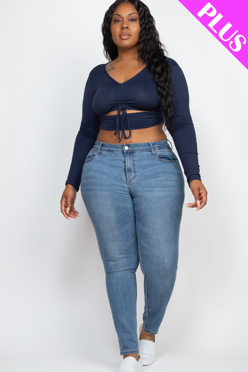 Plus Drawstring Ruched Cutout Front Crop Top - Capella Apparel Wholesale