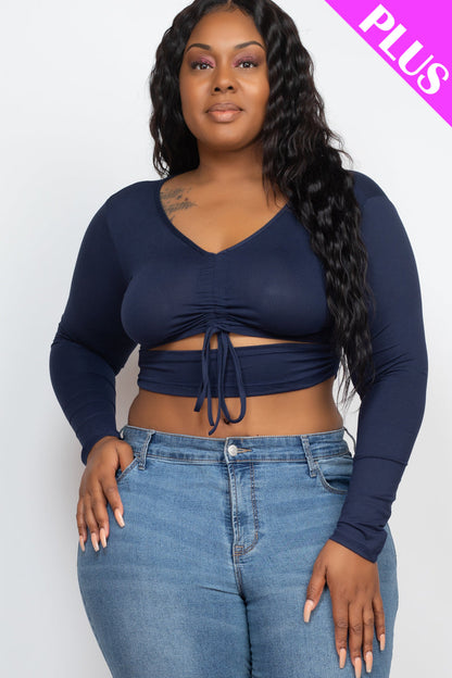 Plus Drawstring Ruched Cutout Front Crop Top - Capella Apparel Wholesale