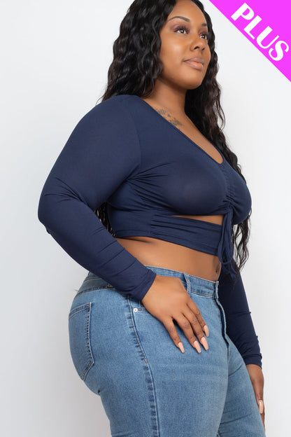 Plus Drawstring Ruched Cutout Front Crop Top - Capella Apparel Wholesale