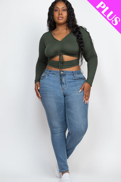 Plus Drawstring Ruched Cutout Front Crop Top - Capella Apparel Wholesale