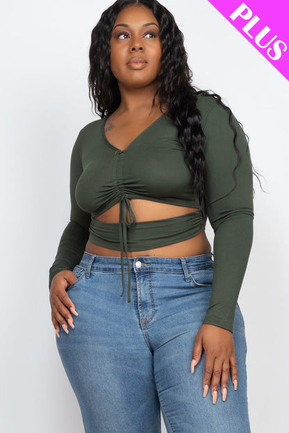 Plus Drawstring Ruched Cutout Front Crop Top - Capella Apparel Wholesale