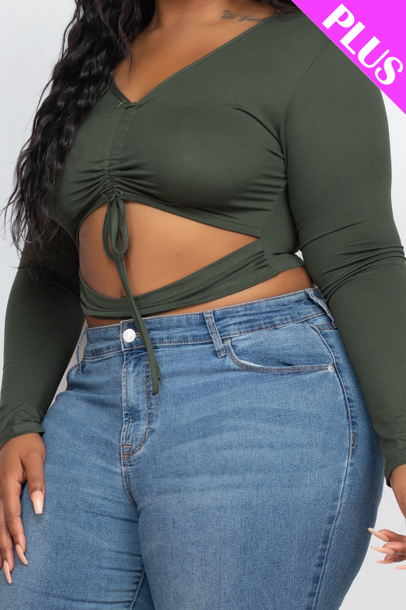 Plus Drawstring Ruched Cutout Front Crop Top - Capella Apparel Wholesale