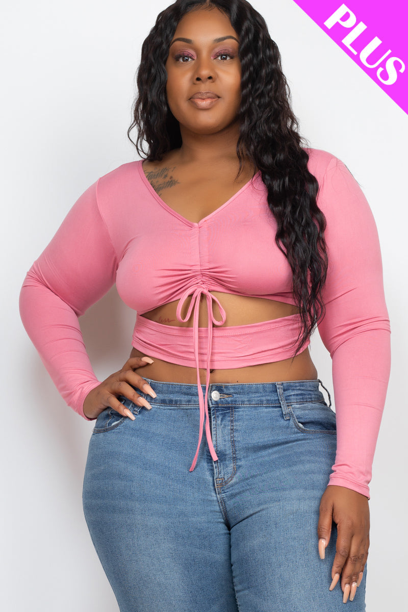 Plus Drawstring Ruched Cutout Front Crop Top - Capella Apparel Wholesale