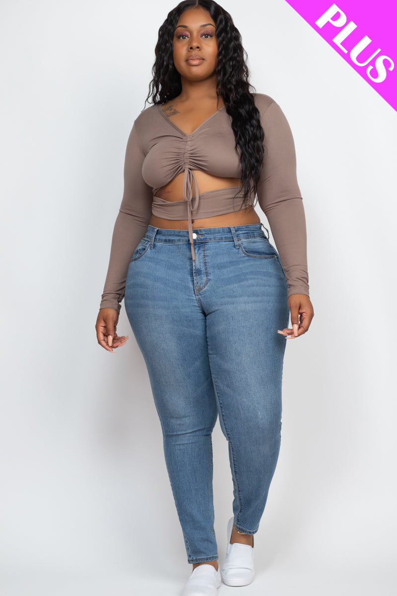 Plus Drawstring Ruched Cutout Front Crop Top - Capella Apparel Wholesale