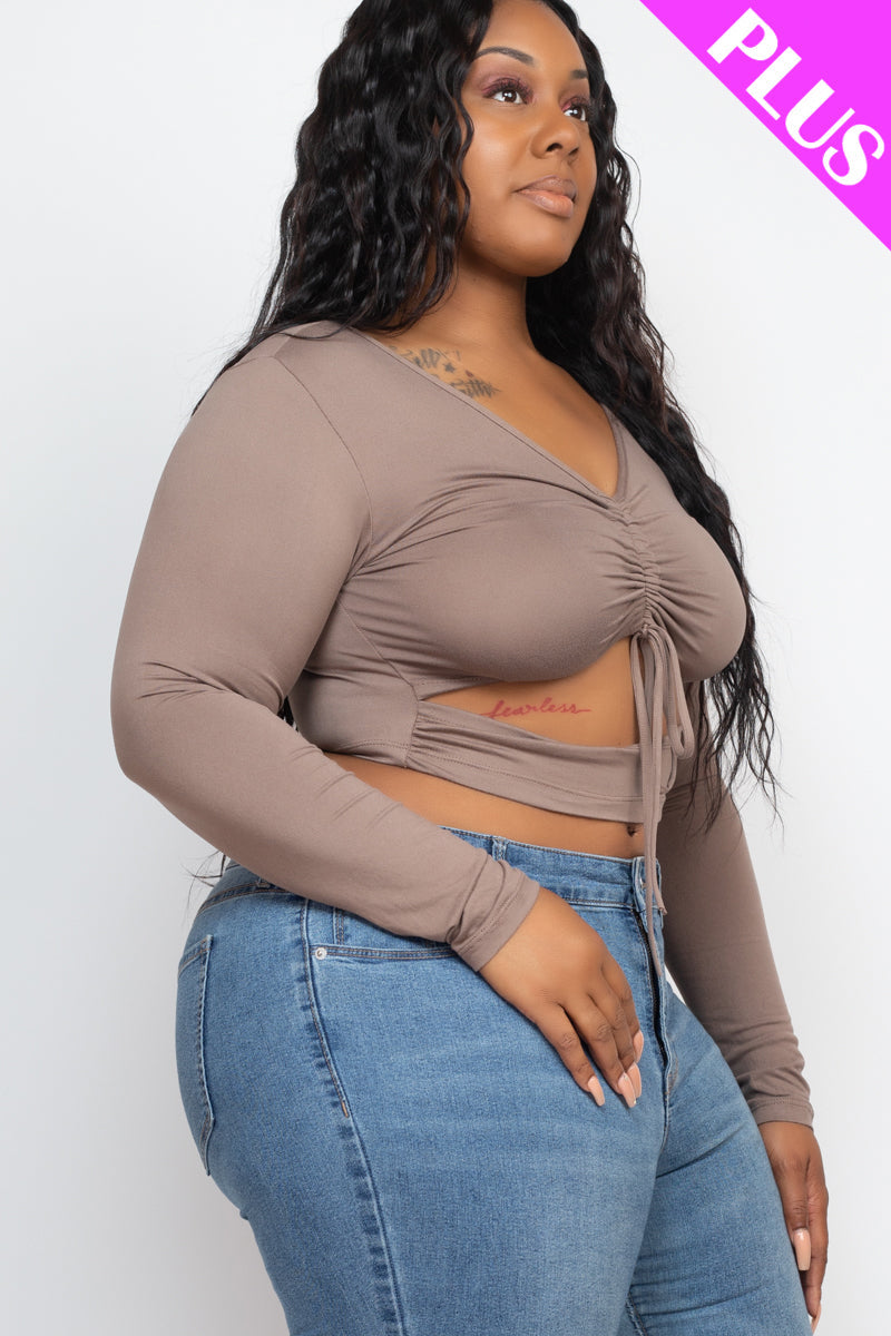 Plus Drawstring Ruched Cutout Front Crop Top - Capella Apparel Wholesale