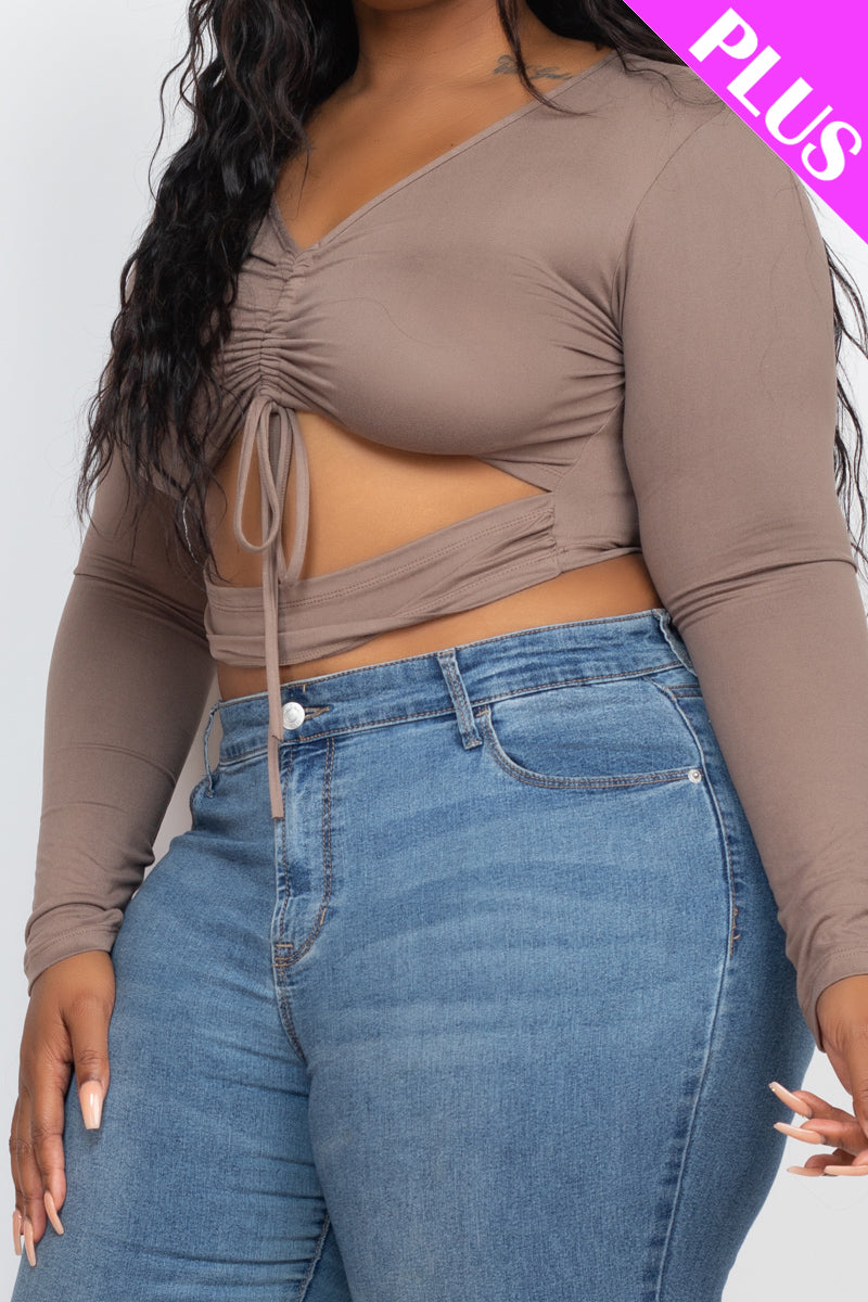 Plus Drawstring Ruched Cutout Front Crop Top - Capella Apparel Wholesale