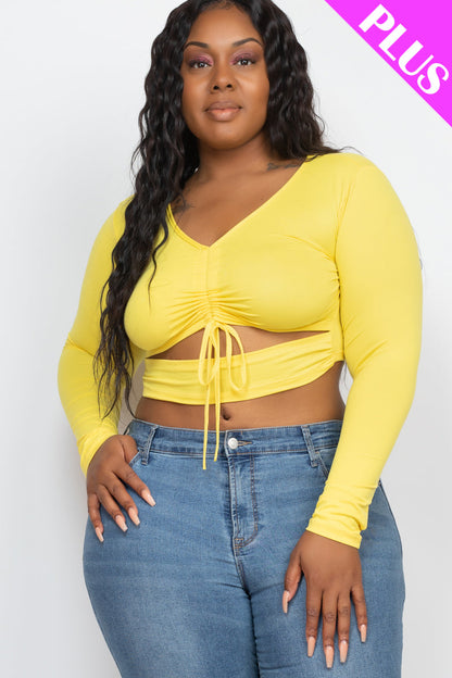 Plus Drawstring Ruched Cutout Front Crop Top - Capella Apparel Wholesale