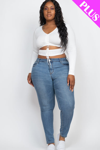 Plus Drawstring Ruched Cutout Front Crop Top - Capella Apparel Wholesale