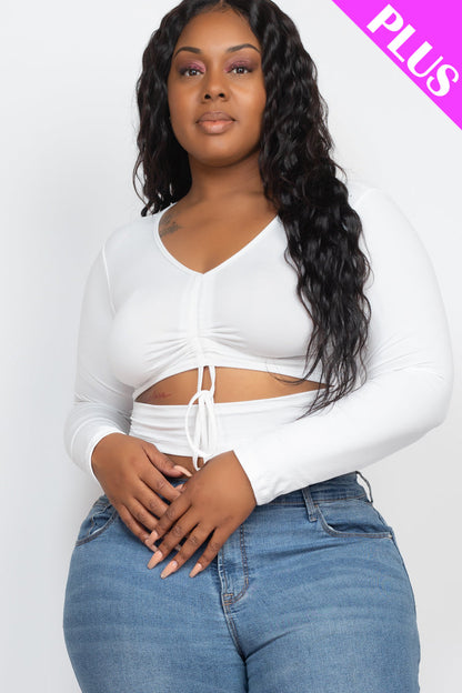 Plus Drawstring Ruched Cutout Front Crop Top - Capella Apparel Wholesale