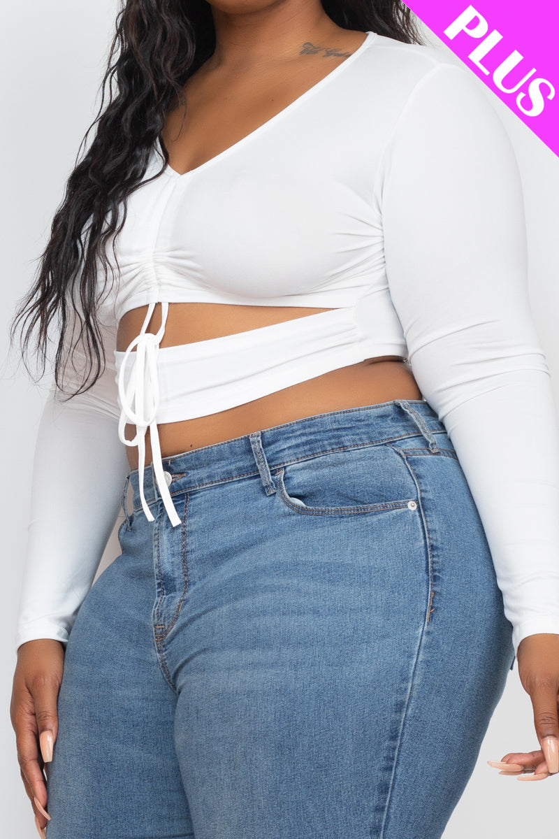 Plus Drawstring Ruched Cutout Front Crop Top - Capella Apparel Wholesale