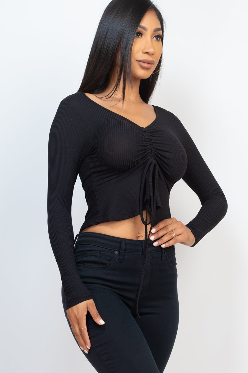 Ribbed Drawstring Front Long Sleeve Peplum Top - Capella Apparel Wholesale