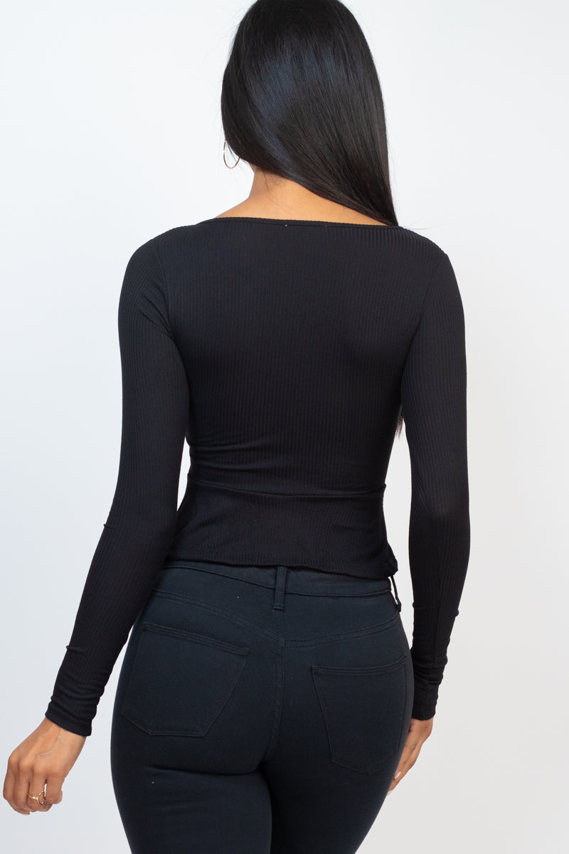 Ribbed Drawstring Front Long Sleeve Peplum Top - Capella Apparel Wholesale