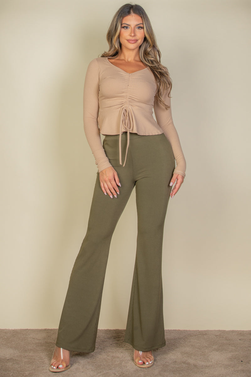 Ribbed Drawstring Front Long Sleeve Peplum Top - Capella Apparel Wholesale