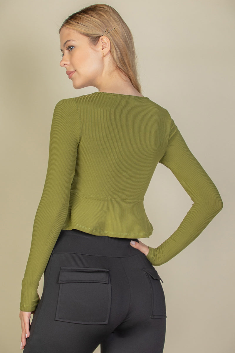 Ribbed Drawstring Front Long Sleeve Peplum Top - Capella Apparel Wholesale