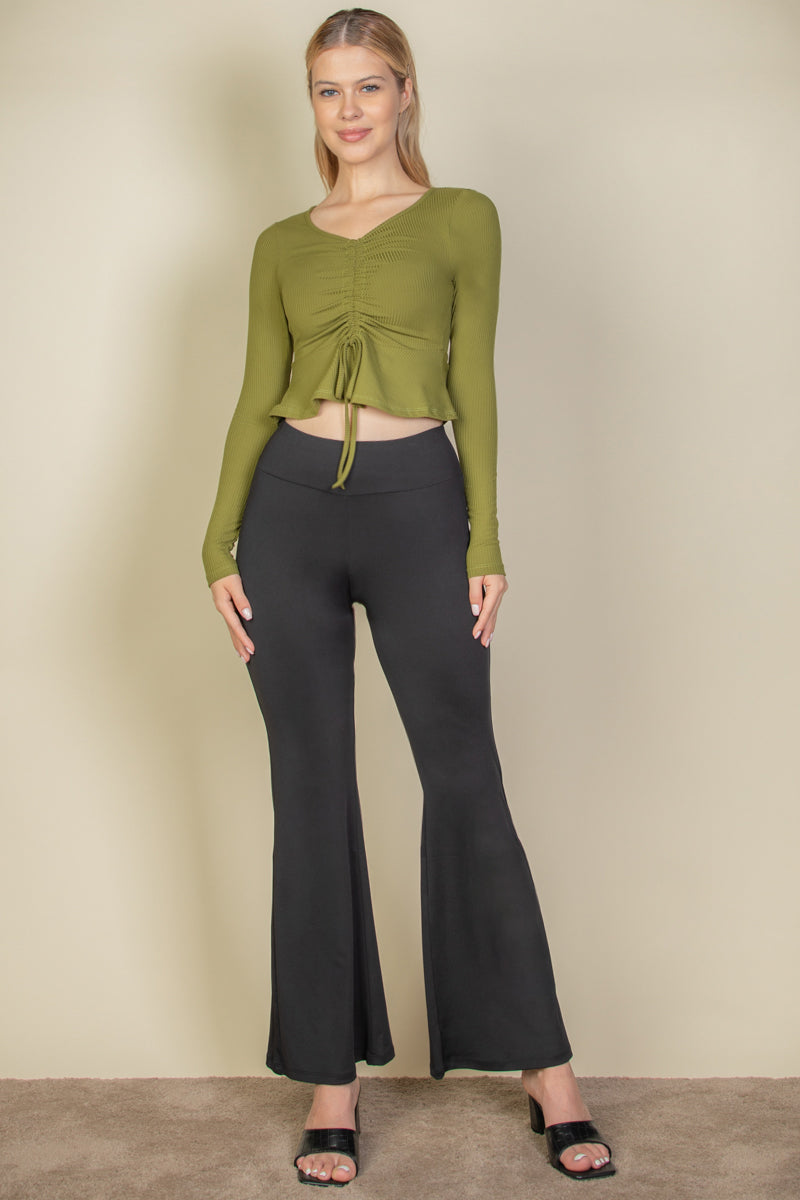 Ribbed Drawstring Front Long Sleeve Peplum Top - Capella Apparel Wholesale