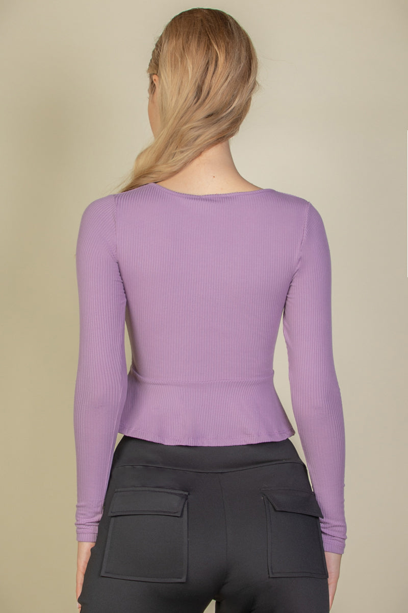 Ribbed Drawstring Front Long Sleeve Peplum Top - Capella Apparel Wholesale