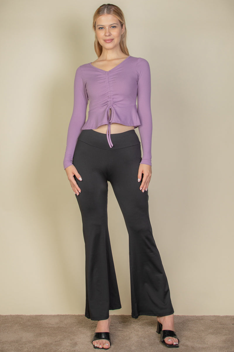 Ribbed Drawstring Front Long Sleeve Peplum Top - Capella Apparel Wholesale