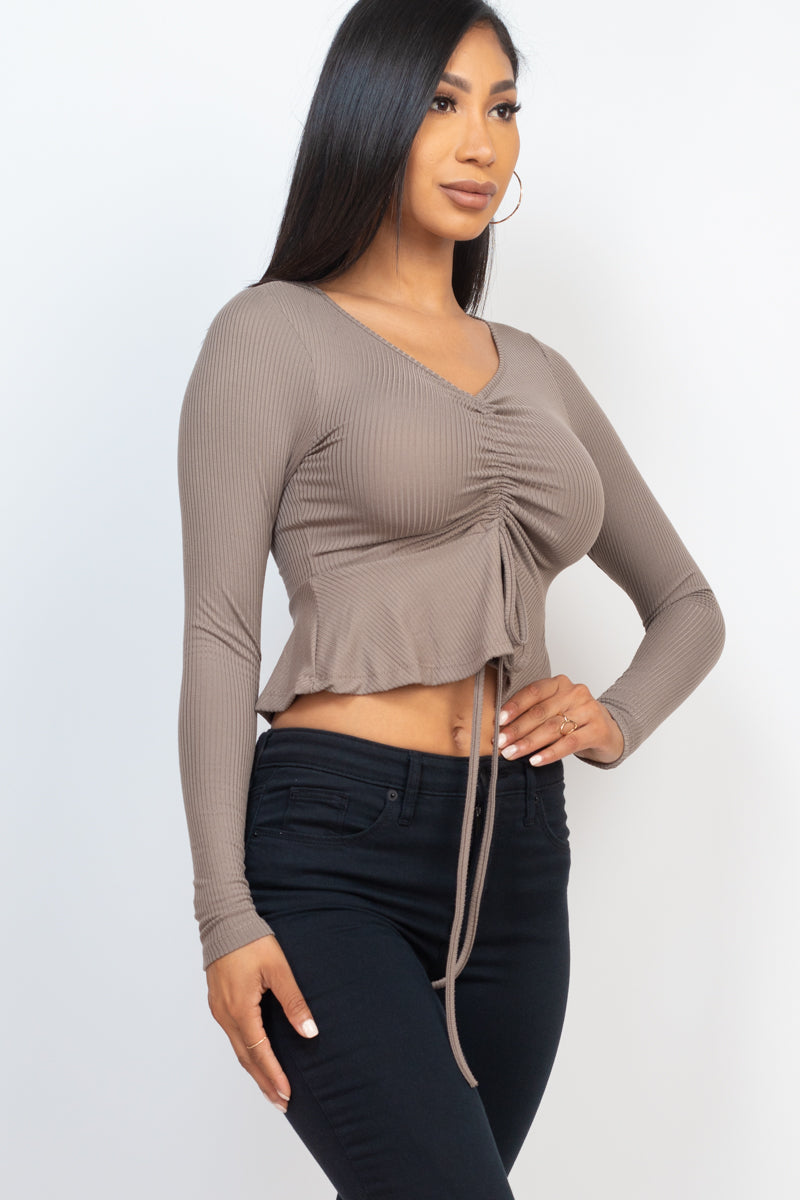 Ribbed Drawstring Front Long Sleeve Peplum Top - Capella Apparel Wholesale