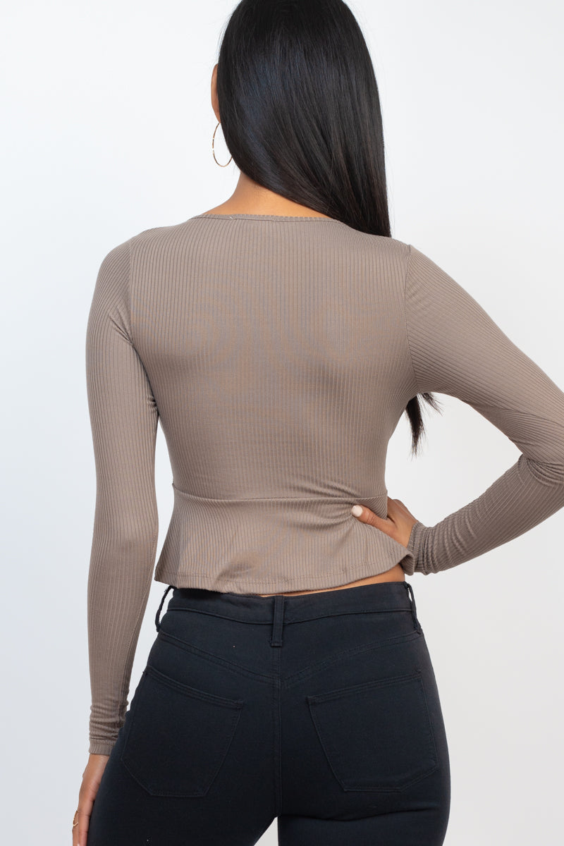 Ribbed Drawstring Front Long Sleeve Peplum Top - Capella Apparel Wholesale