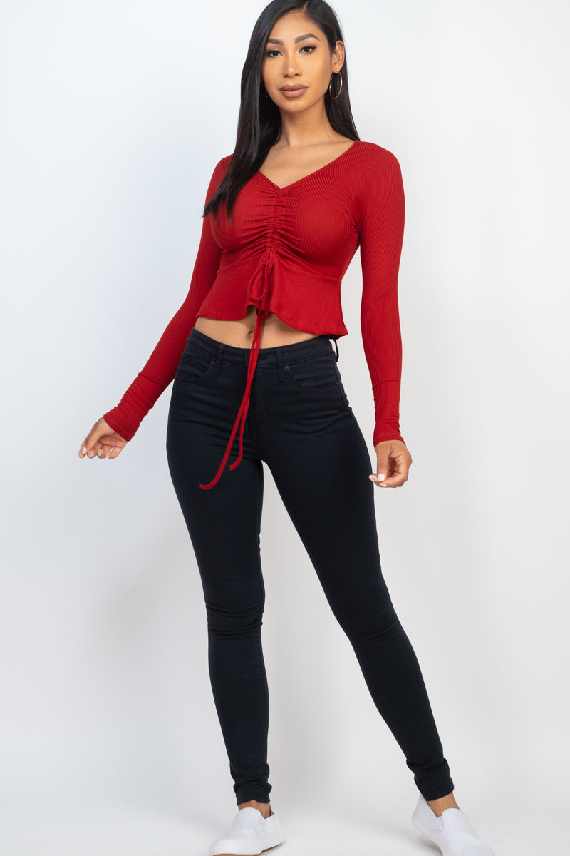 Ribbed Drawstring Front Long Sleeve Peplum Top - Capella Apparel Wholesale