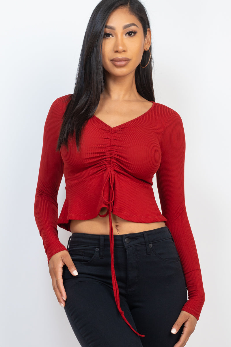 Ribbed Drawstring Front Long Sleeve Peplum Top - Capella Apparel Wholesale