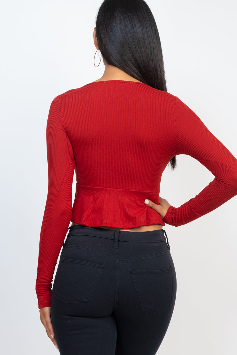 Ribbed Drawstring Front Long Sleeve Peplum Top - Capella Apparel Wholesale