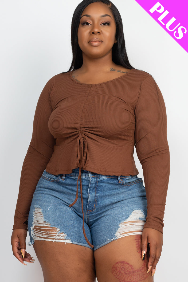 Plus Size Ribbed Drawstring Front Long Sleeve Peplum Top - Capella Apparel Wholesale