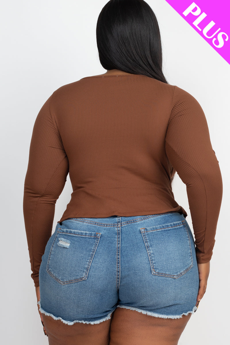 Plus Size Ribbed Drawstring Front Long Sleeve Peplum Top - Capella Apparel Wholesale