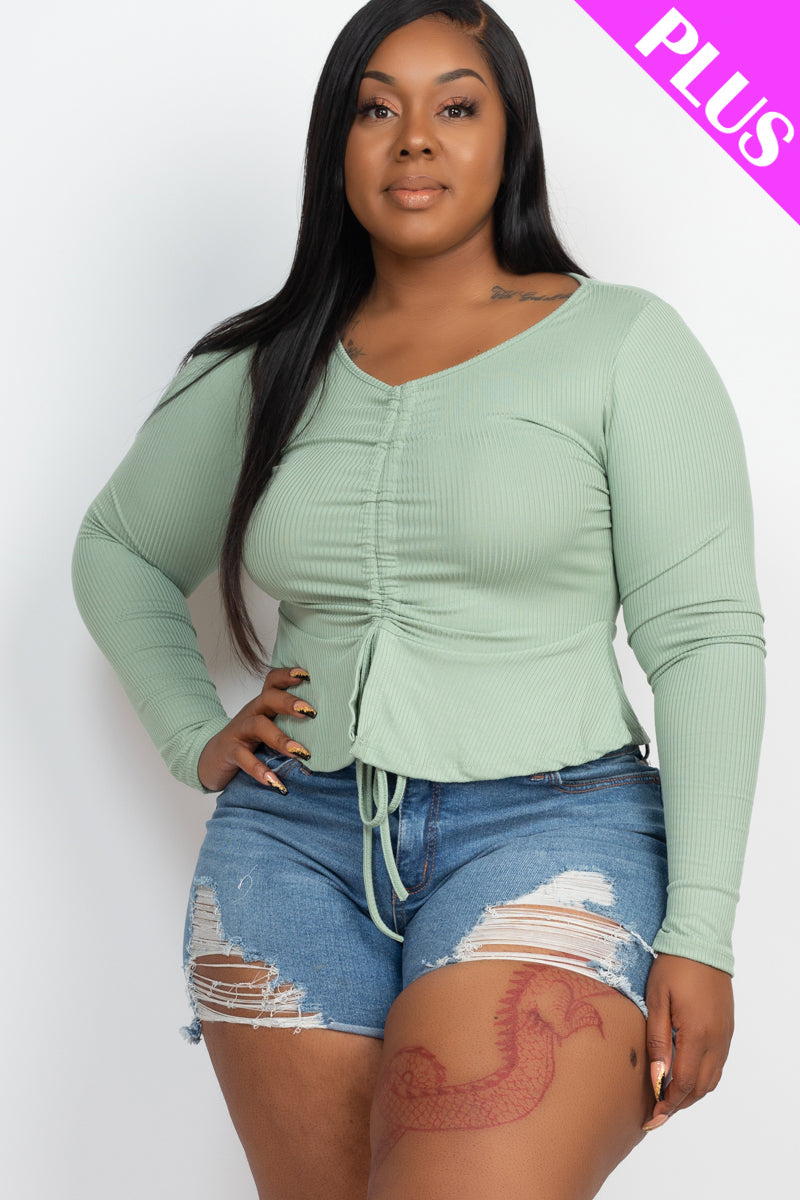 Plus Size Ribbed Drawstring Front Long Sleeve Peplum Top - Capella Apparel Wholesale