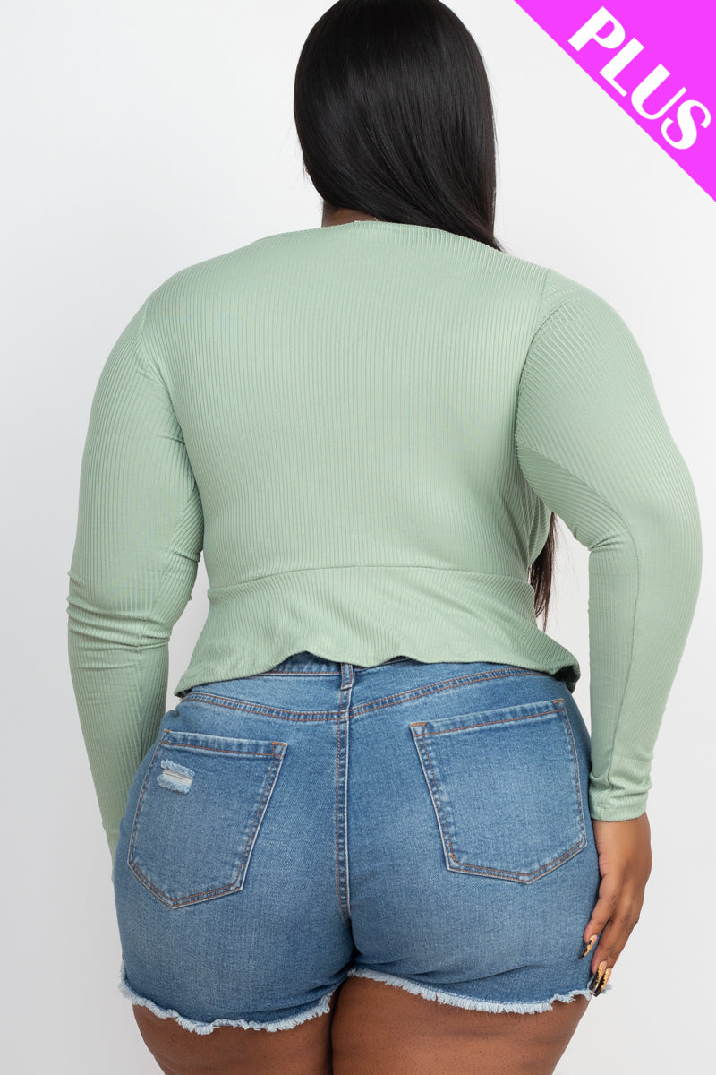 Plus Size Ribbed Drawstring Front Long Sleeve Peplum Top - Capella Apparel Wholesale