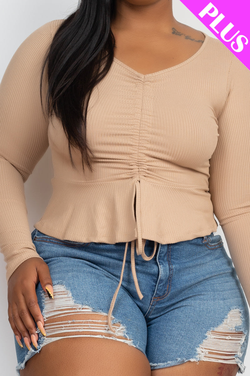 Plus Size Ribbed Drawstring Front Long Sleeve Peplum Top - Capella Apparel Wholesale